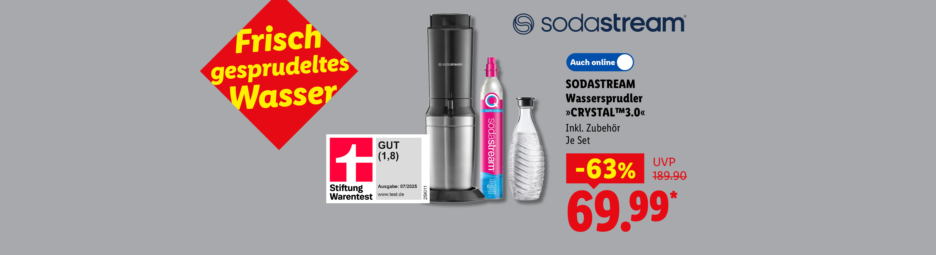 Frisch gesprudeltes Wasser: SODASTREAM Wassersprudler »CRYSTAL™ 3.0«, inkl. Zubehör, Stiftung Warentest GUT (1,8) Ausgabe 07/2025 25KI11, je Set auch online -63% für 69.99 €*.