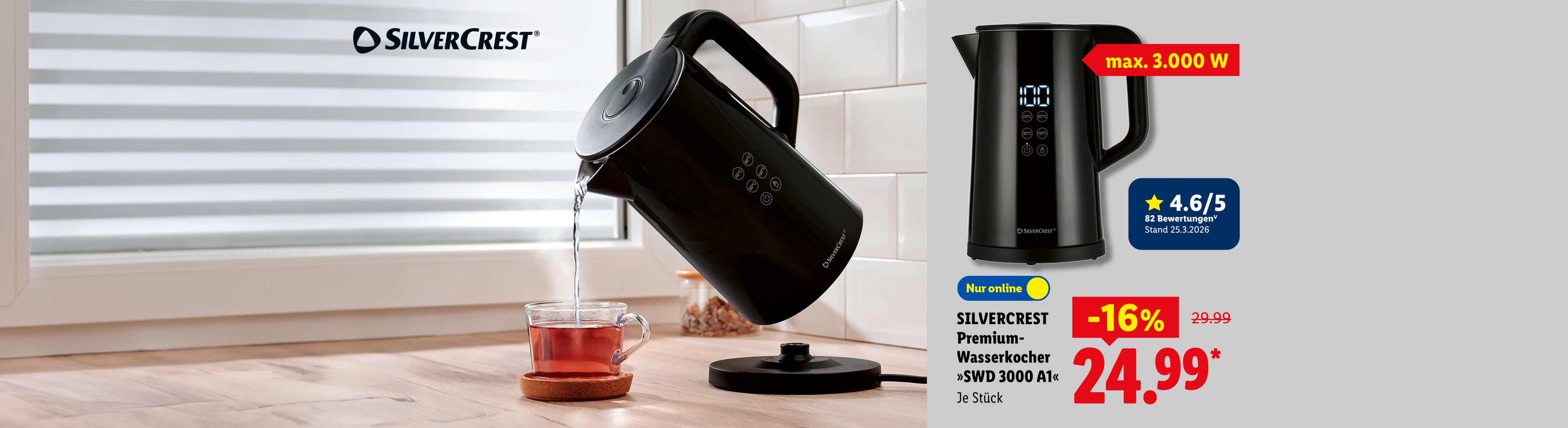 SILVERCREST Premium-Wasserkocher »SWD 3000 A1« mit Touch-Funktion, max. 3.000 W, 4.6/5 bei 82 Bewertungen (V) Stand 25.3.2026, je Stück nur online -16% für 24.99 €*.