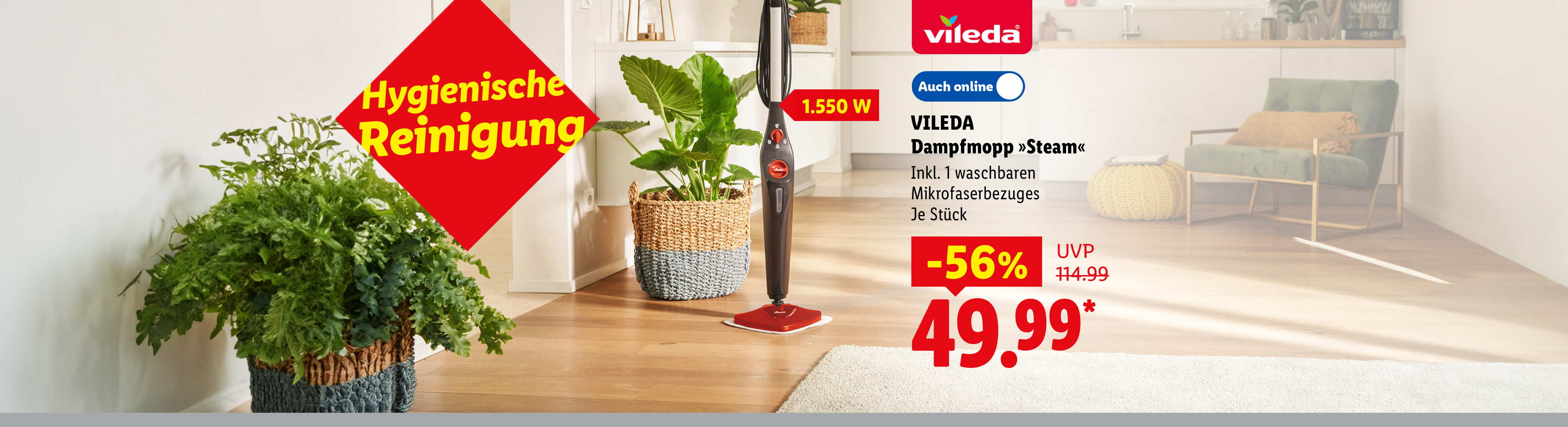 Hygienische Reinigung: VILEDA Dampfmopp »Steam«, inkl. 1 waschbaren Mikrofaserbezuges, 1.550 W, je Stück auch online -56% für 49.99 €*.