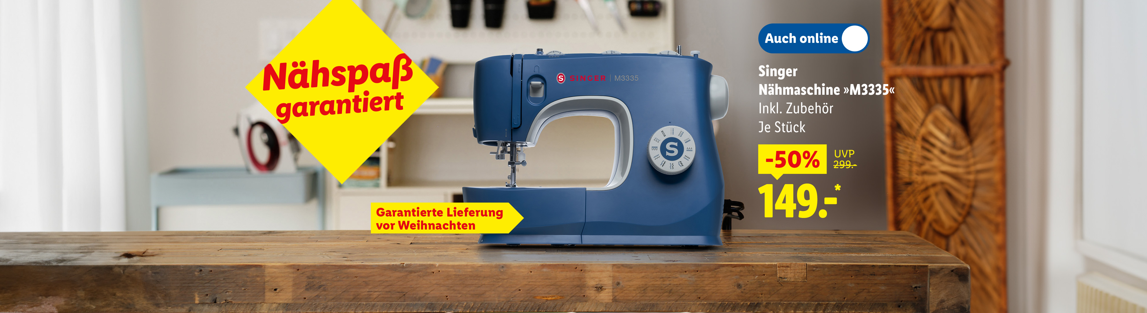 Singer Nähmaschine M3335 in Blau, 50% reduziert auf 149€, inklusive Zubehör und garantierter Lieferung vor Weihnachten.