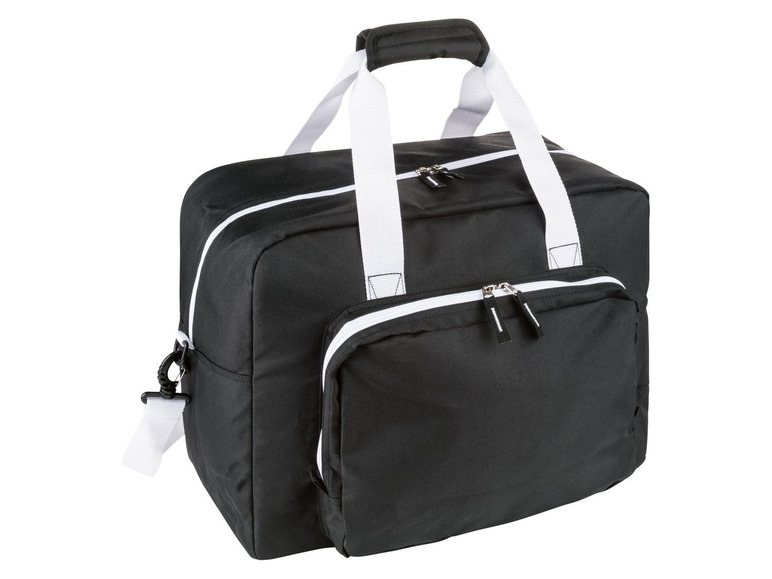 Schwarze Reisetasche mit weißen Akzenten und einem zusätzlichen Fach.