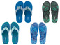 Vier Paar Livergy Flip-Flops mit tropischem Muster.