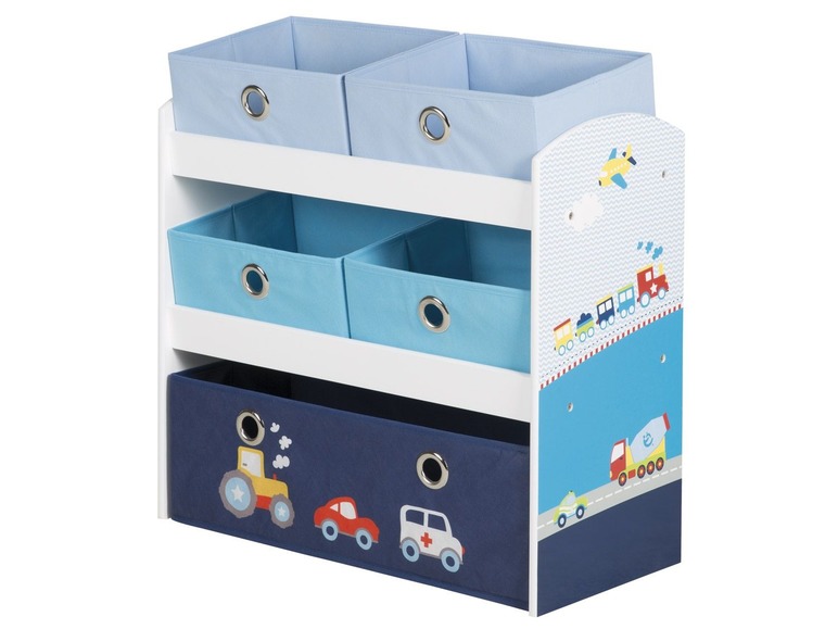 Aufbewahrungsschrank mit blauen und weißen Aufbewahrungsboxen für Kinderspielzeug mit Automotiv.