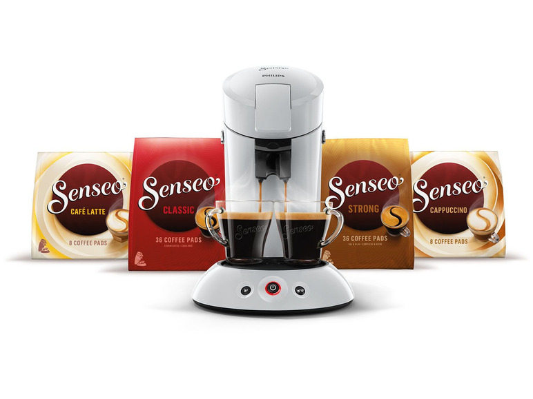 Philips Senseo Kaffeemaschine mit verschiedenen Geschmacksrichtungen an Kaffeepads.