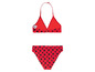 Ein roter Bikini mit schwarzen Punkten.