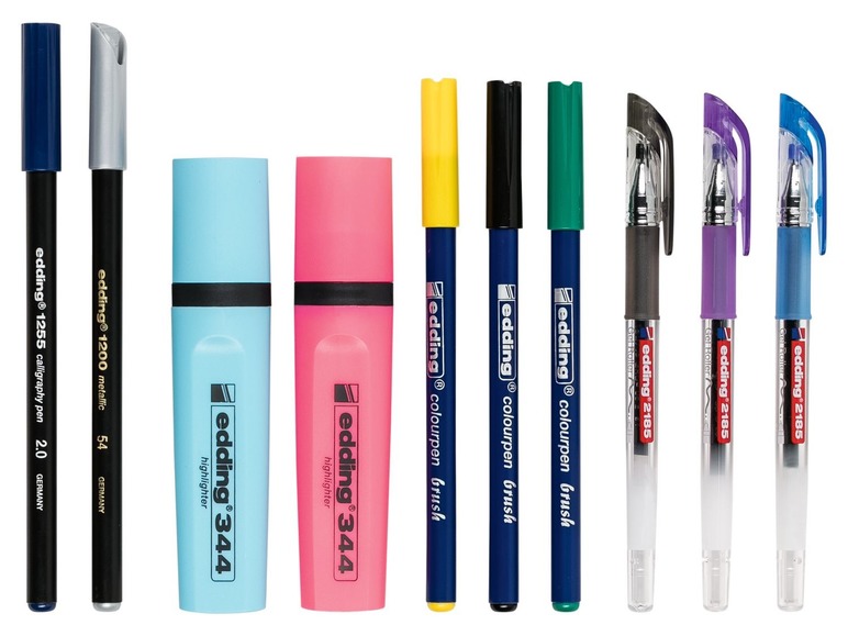 Edding-Marker, Brushpens, Gel-Stifte und ein Kalligraphie-Stift.