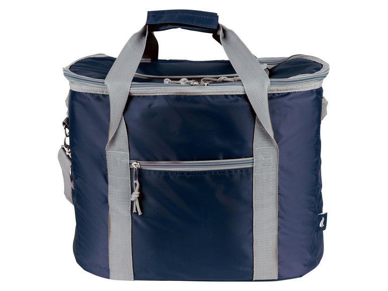 Eine blaue Kühltasche mit grauem Schultergurt.