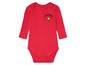 Ein roter Babybody mit langen Ärmeln und einem Snoopy 'Little Astronaut' Design.
