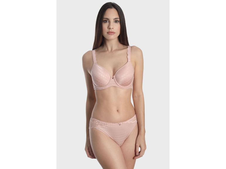Ein rosafarbener BH und Slip mit Spitze.