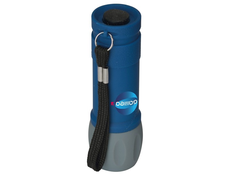 Eine blaue Taschenlampe mit einer schwarzen Schnur, die Marke ist Galilec.