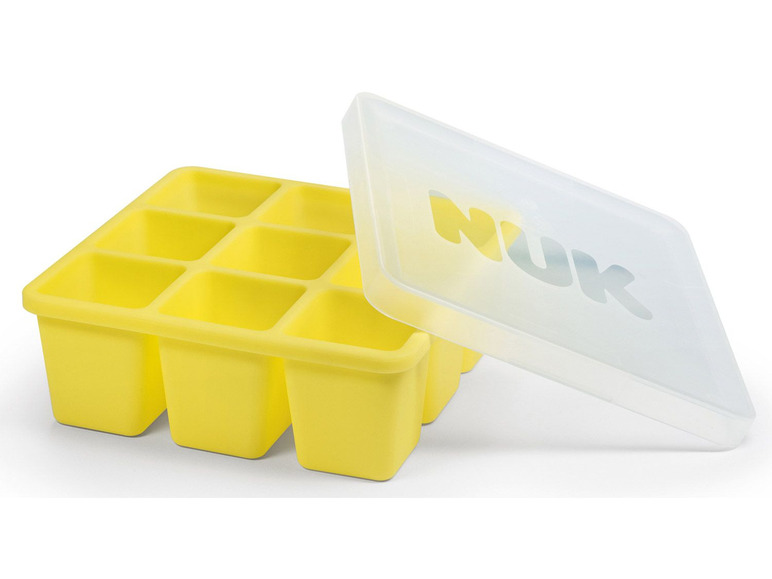 Gelbe Silikon-Eisform mit Deckel von NUK.