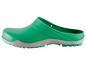 Grüne Clogs mit grauem Profil.