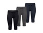 Drei Paar schwarze, graue und dunkelblaue Capri-Jogginghosen.