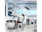 Eine silberne ProfiCook Küchenmaschine mit Mixer, Fleischwolf und Schüssel.