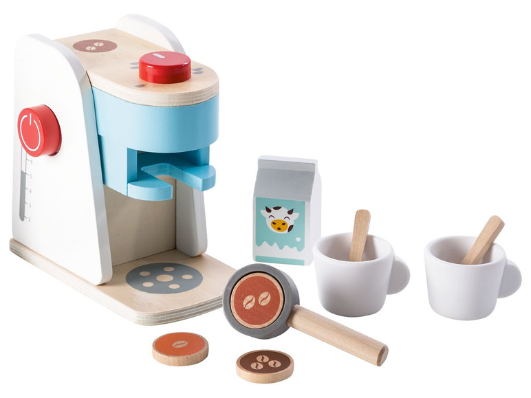 Holzspielzeug Kaffeemaschine mit Tassen, Löffeln und Kaffeebohnen.
