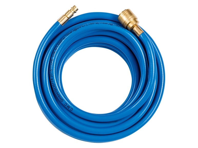 Ein blauer Schlauch mit Messingkupplungen.