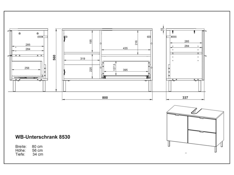 Technische Zeichnung eines 80 cm breiten Badezimmermöbels mit zwei Schubladen.