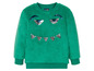 Grüner Pullover mit Pailletten und Monstergesicht.
