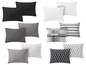Schwarze, weiße und graue Kissenbezüge mit verschiedenen Mustern.