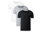 Drei Basic-T-Shirts in Weiß, Grau und Schwarz.