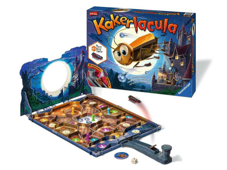 Das Brettspiel Kakerlacula von Ravensburger mit Kakerlaken, die mit Licht und Katapult vertrieben werden.