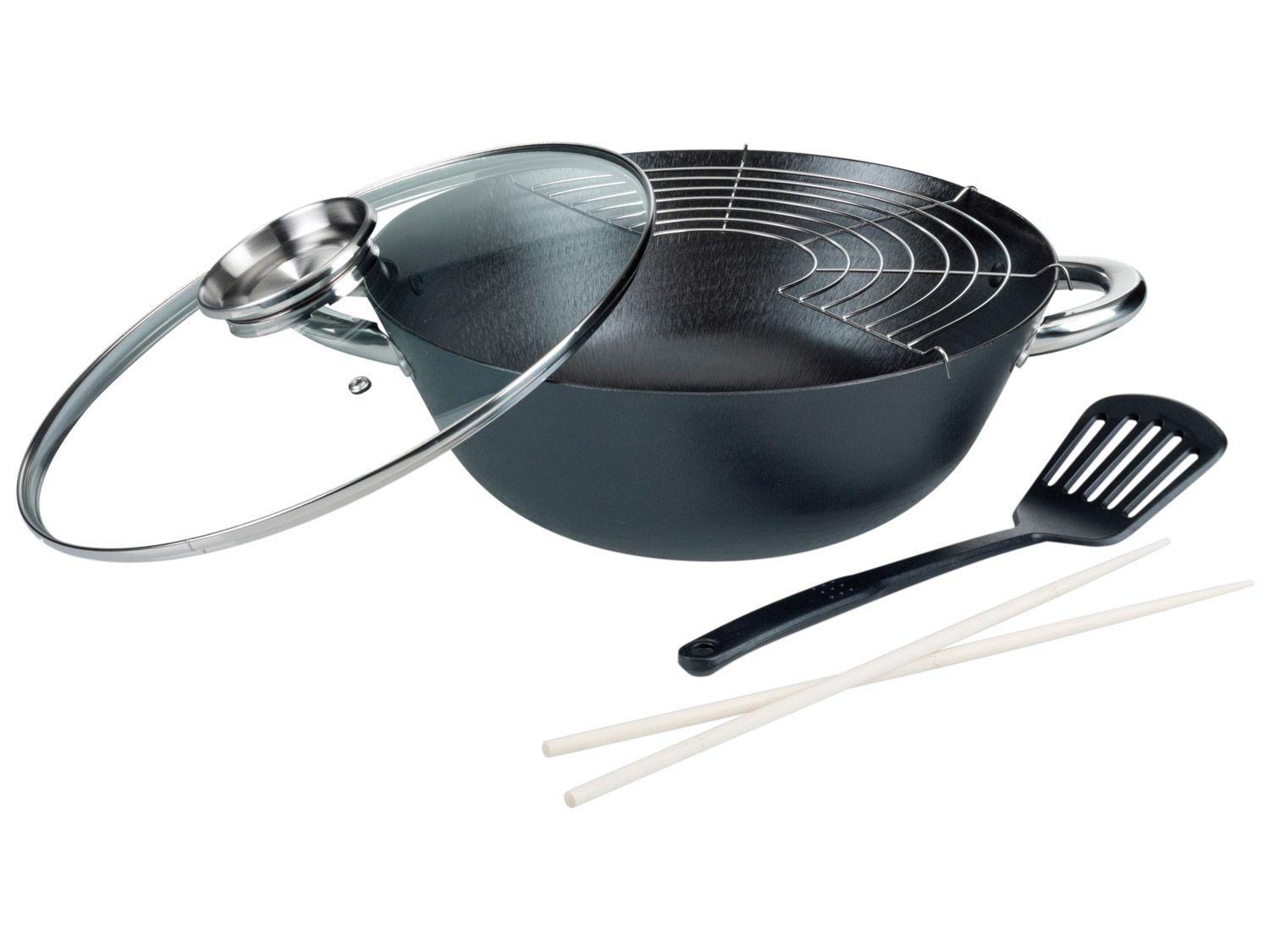GSW Wok-Set, 5-teilig, Edelstahlgriffe, Aroma-Glasdeckel, aus Gusseisen, mit Ablagegitter | 04005643860956