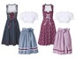 Drei Dirndl in verschiedenen Farben und Mustern.