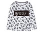 Weißes T-Shirt mit grauen Punkten und einem 'Woof'-Sequin-Applikation auf der Brust.