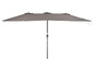 Ein grauer Sonnenschirm mit einem Metallgestell.