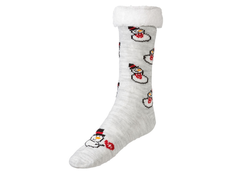 Graue Wollsocken mit Schneemann-Motiv.