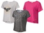 Drei T-Shirts mit Wonder Woman-Logos.