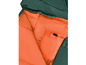 Ein offener Schlafsack mit orangefarbenem Innenfutter und grüner Außenseite.