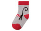 Graue Socke mit roten Akzenten und einem schwarzen Katzendesign.