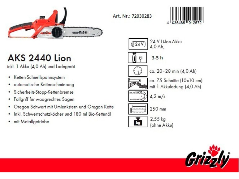 Gehe zu Vollbildansicht: Grizzly Akku-Kettensäge AKS 2440 Lion Set 24 V Akkusystem mit 4 Ah Akku und Ladegerät - Bild 11