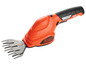 Eine orangefarbene Black+Decker Heckenschere mit Lithium-Ionen-Akku.