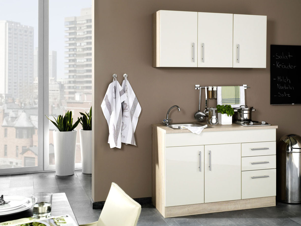 HELD Single Küche Torino 100/120/160/180/190/210cm (Hochglanz-Creme / Eiche-Sonoma, Breite 120cm) | 04251639433813