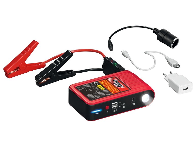 Ein roter Ultimate Speed UMAP 12000 A1 Autostarter mit Klemmen und Ladegeräten