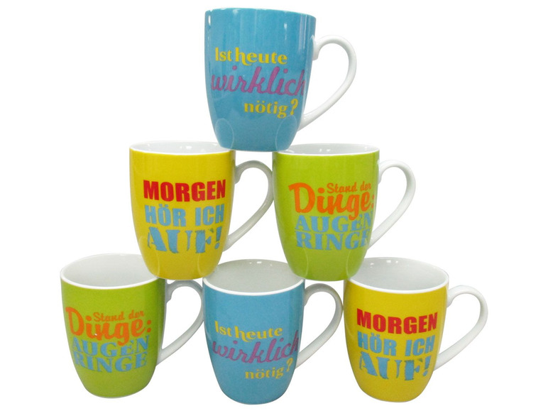 Sechs Becher mit lustigen Sprüchen wie 'Morgen höre ich auf!' und 'Stand der Dinge: Augenringe.