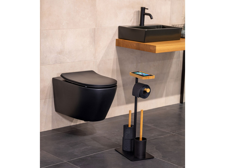 Gehe zu Vollbildansicht: Wenko Stand WC-Garnitur Barberi, 4 in 1 Konstruktion, aus schwarz lackiertem Metall und Bambus - Bild 8