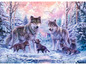 Eine Wolfsfamilie in einer verschneiten Winterlandschaft.