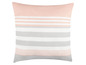 Ein rosa-graues Kissen mit Streifen.