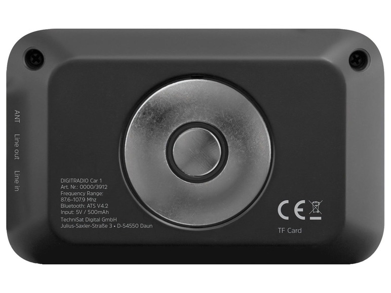 Ein schwarzes DIGIRADIO Car 1 Radio mit einem großen runden Knopf, CE-Kennzeichnung und einem TF-Kartensteckplatz.