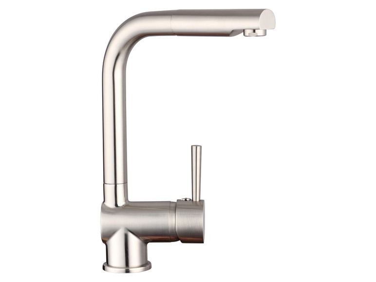 Ein silberner Küchenwasserhahn mit hohem Auslauf.