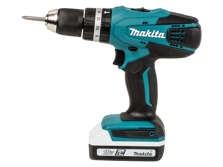 Eine 18V Makita Akku-Bohrmaschine mit Li-ion Akku.
