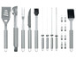 Ein Grill-Werkzeugset, einschließlich Spatel, Zange, Gabel, Messer, Bürste, Spieße und kleine Accessoires.