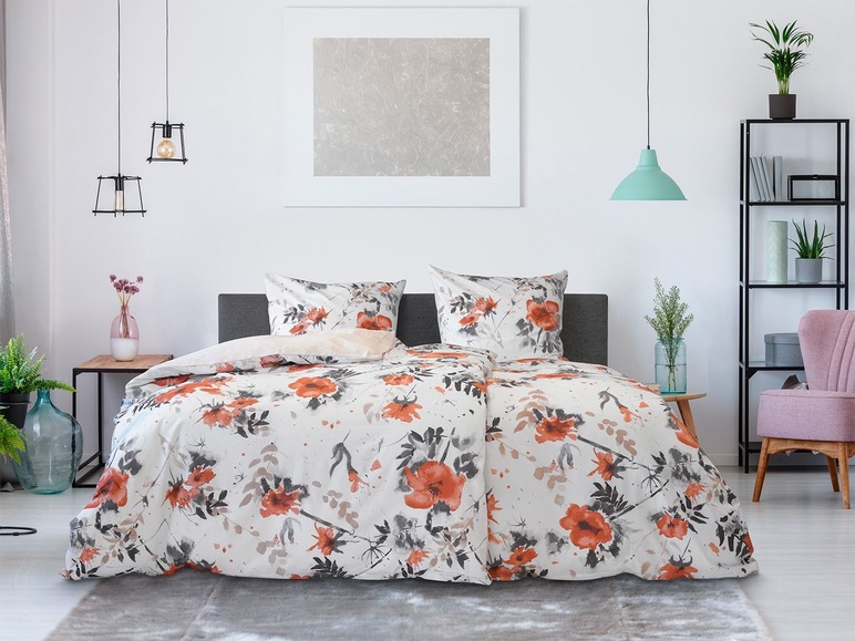 Gehe zu Vollbildansicht: Dobnig Mako-Satin Bettwäsche »Blumen apricot«, Wendedesign, mit Reißverschluss - Bild 1