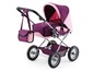 Ein rosafarbener und lilafarbener Puppenwagen mit passender Tasche.