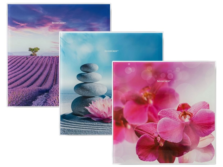 Drei SilverCrest Glasuntersetzer mit Motiven von Lavendel, Zen-Steinen und Orchideen.