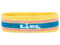 Gelbes Stirnband mit blauen und rosa Streifen und dem Lidl-Logo.