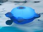 Ein blauer Bluetooth-Lautsprecher in Schildkrötenform schwimmt in einem Pool.